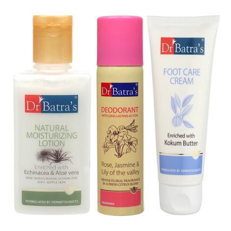 dr batra's natural moisturising lotion 100 ml, deo for women 100 g and foot care cream 100 ml(pack of 3 for women)