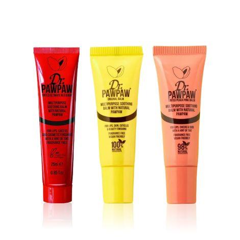 dr.pawpaw lip balm super saver 3 pack | peach pink (10 ml), original (10 ml) & ultimate red (10 ml)