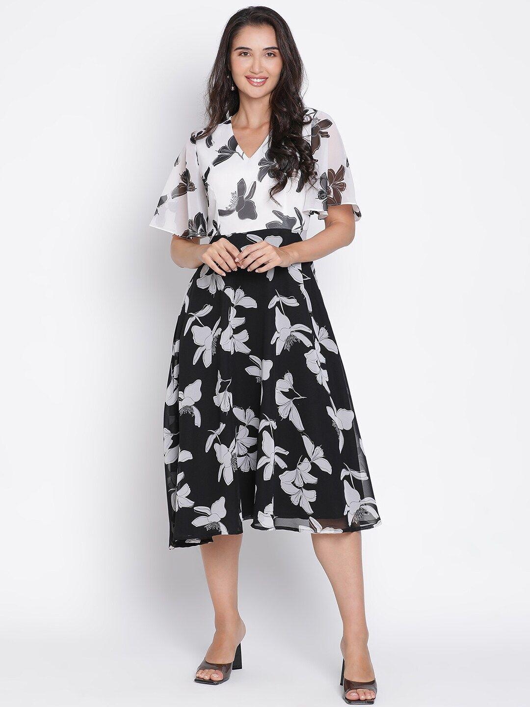 draax fashions floral printed flared sleeve a-line midi dress
