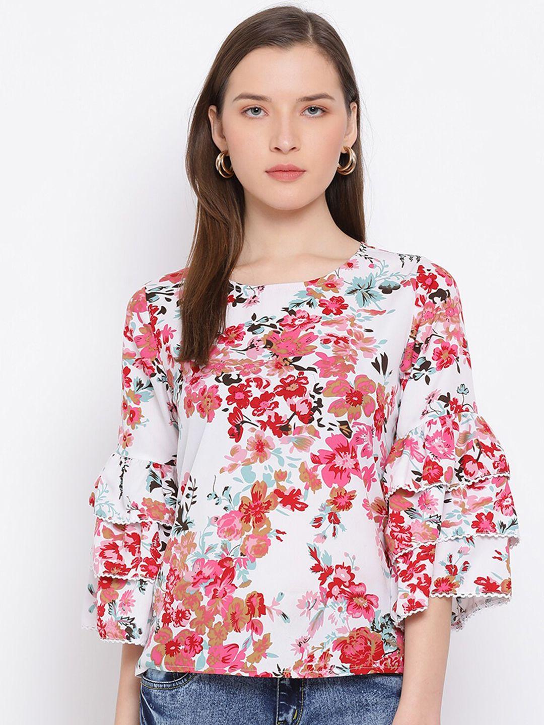 draax fashions white & pink floral regular top