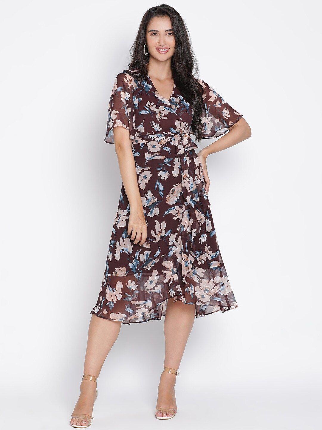 draax fashions floral printed flared sleeves wrap midi dress