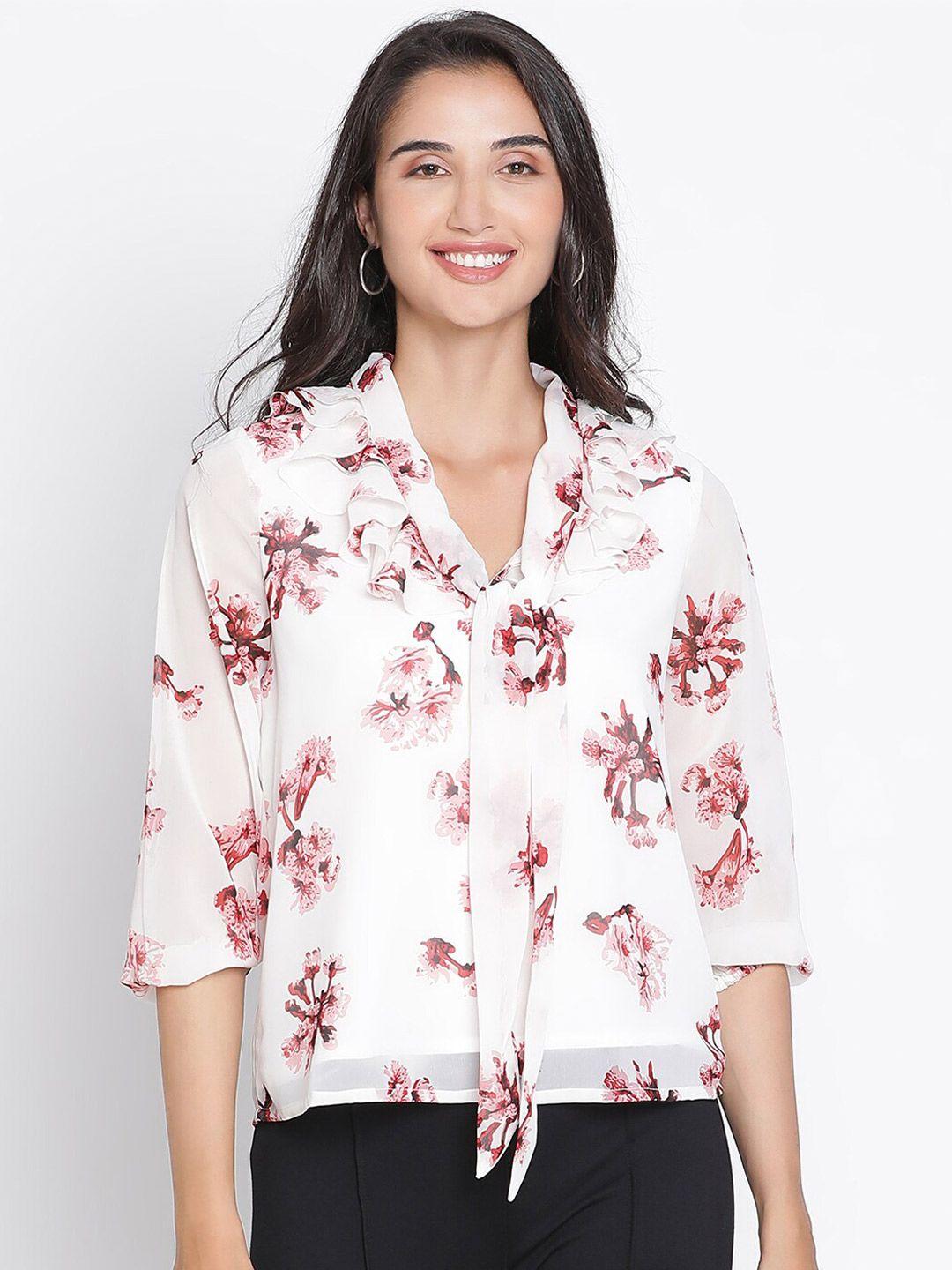 draax fashions floral printed tie-up neck roll-up sleeves crepe top