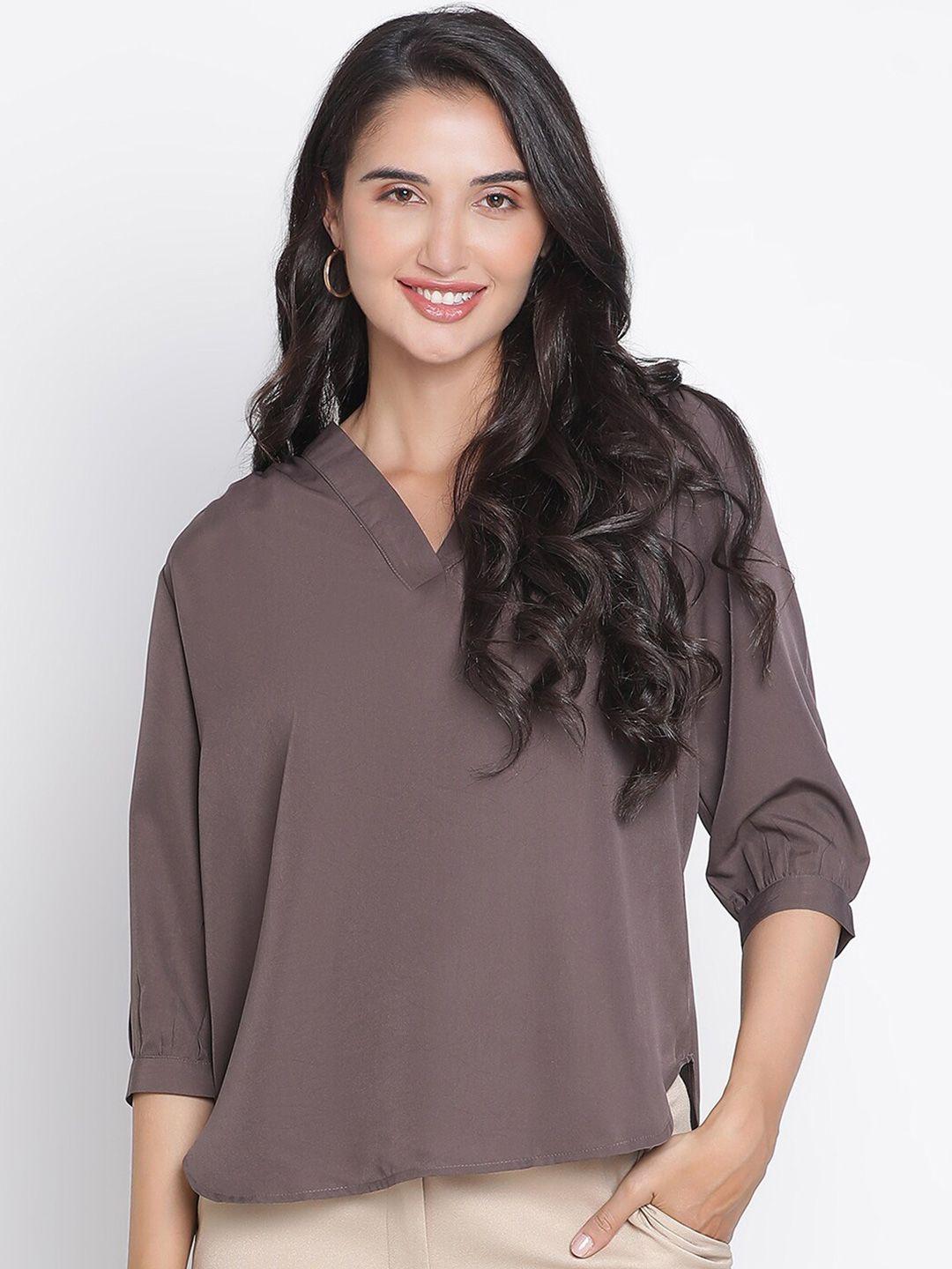 draax fashions v-neck cuffed sleeves gathered detail top