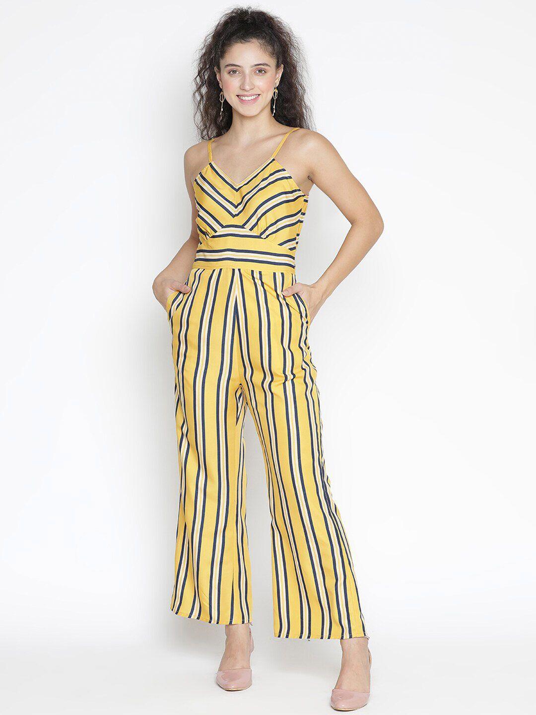 draax fashions yellow & blue striped basic jumpsuit