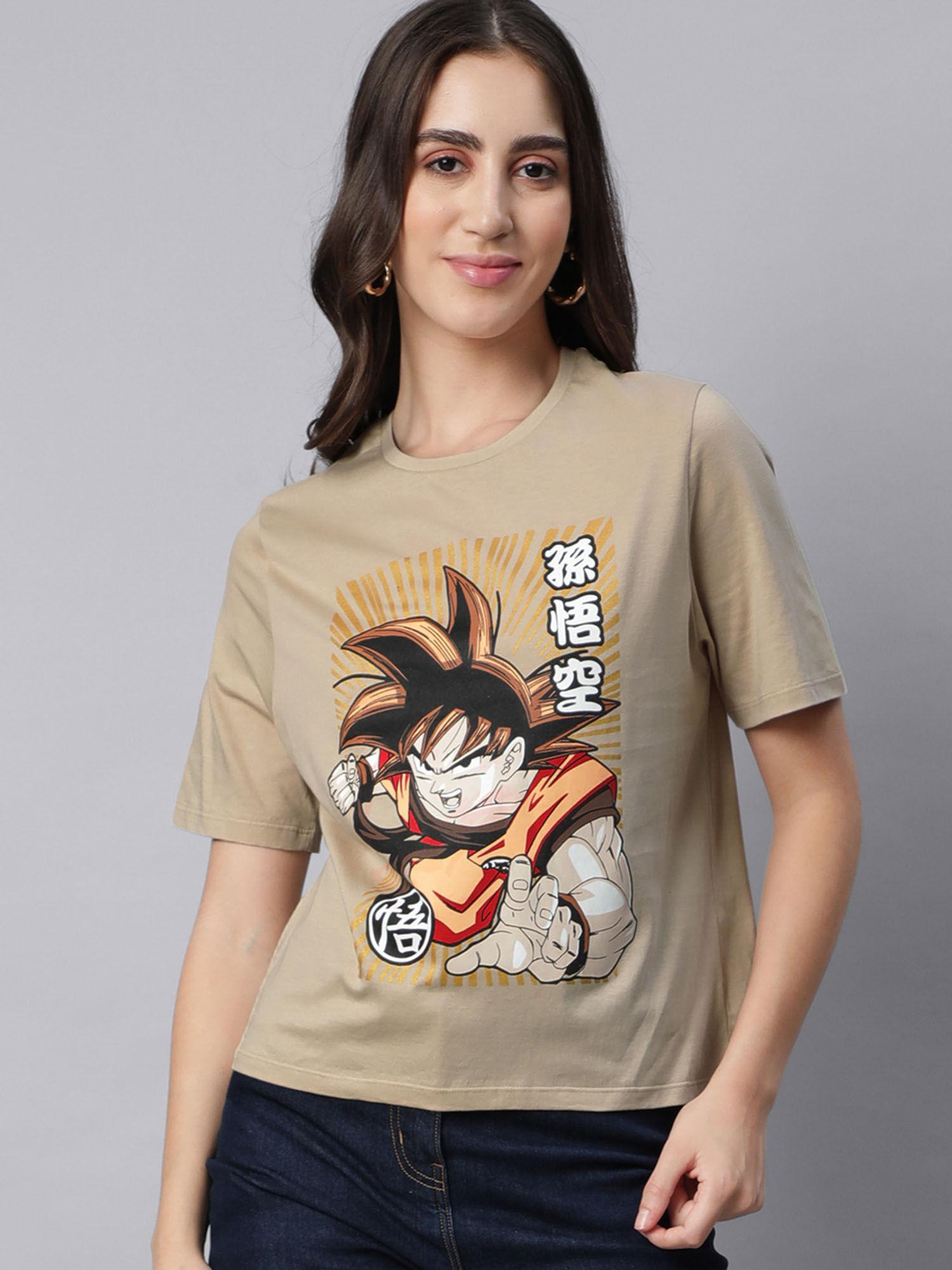 dragon ball z printed light brown t-shirt for women