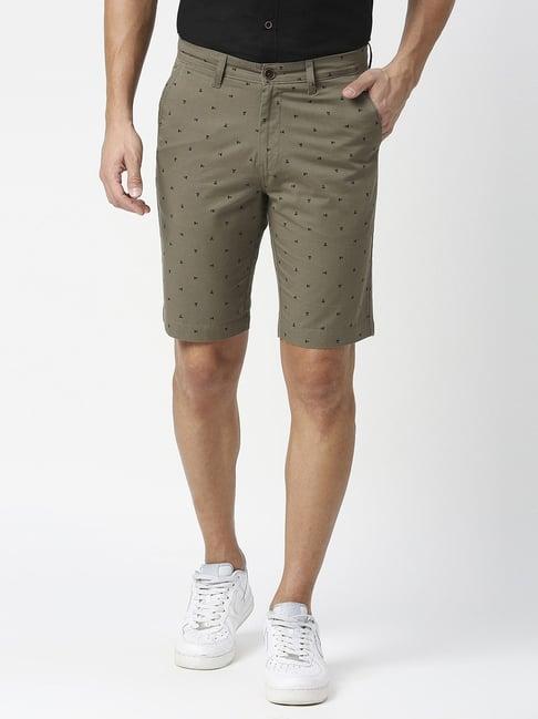 dragon hill olive green slim fit printed shorts