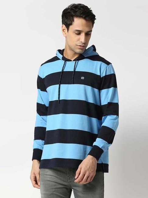 dragon hill sky blue slim fit striped hooded sweatshirt
