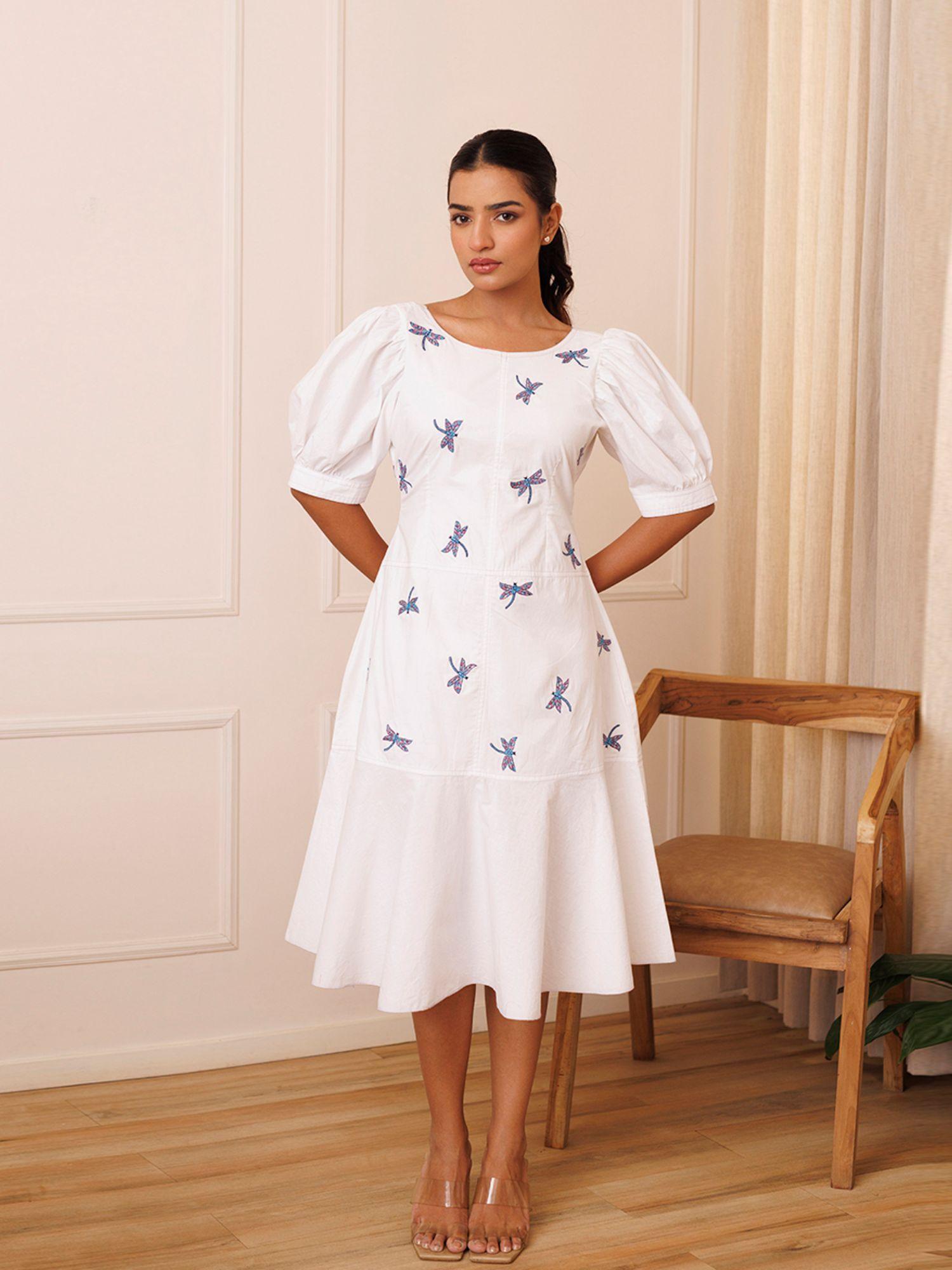 dragonfly embroidered white cotton midi dress