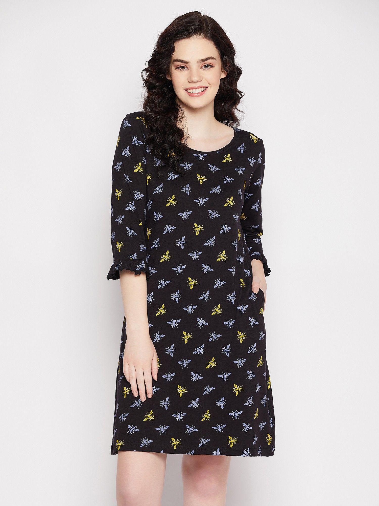 dragonfly print short night dress with pocket black