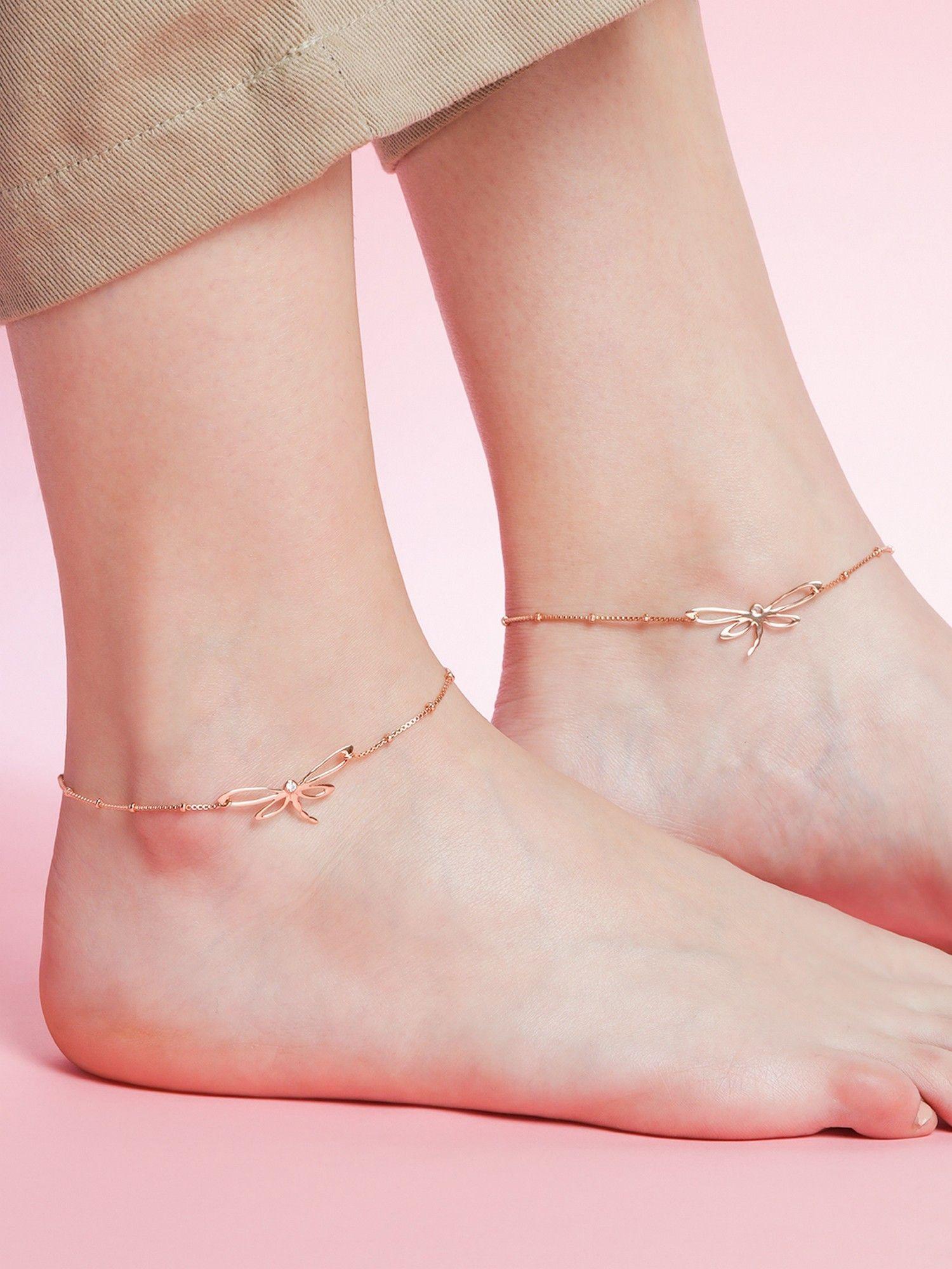 dragonfly rose gold plated 925 sterling silver chain anklet with beads pair