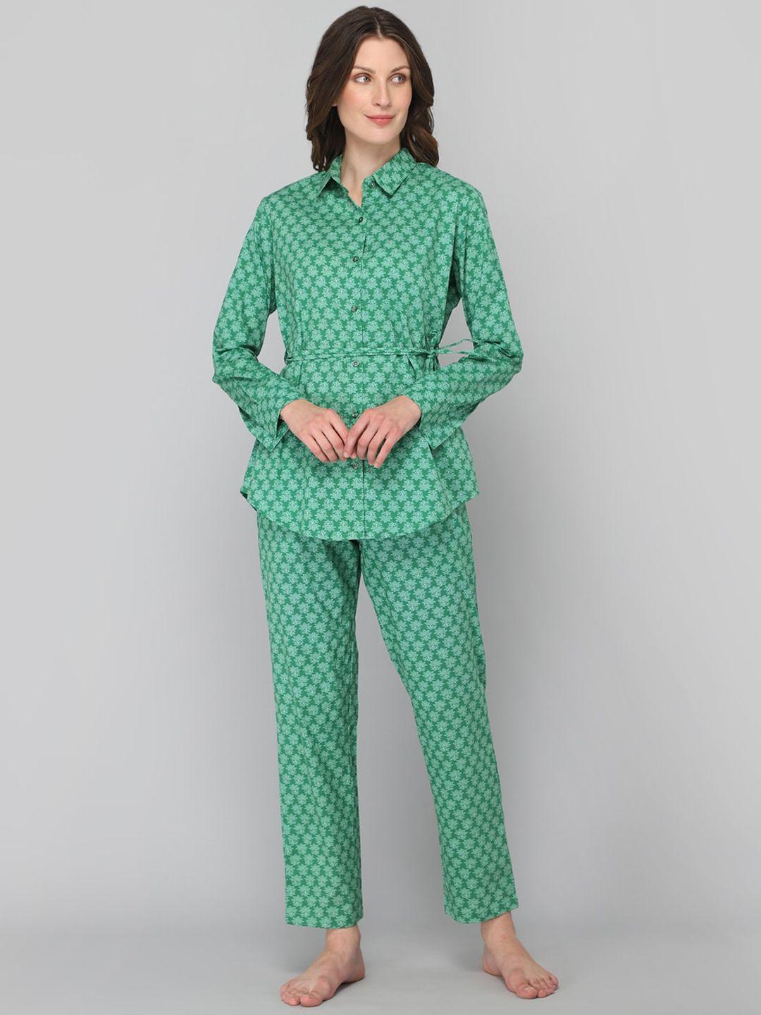 drape in vogue women green printed night suit