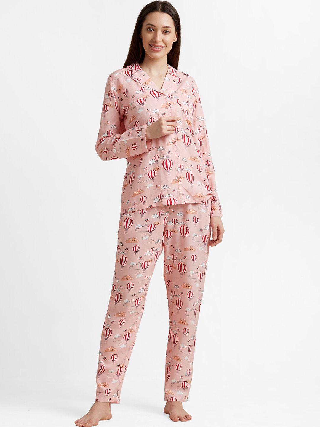 drape in vogue women pink printed night suit