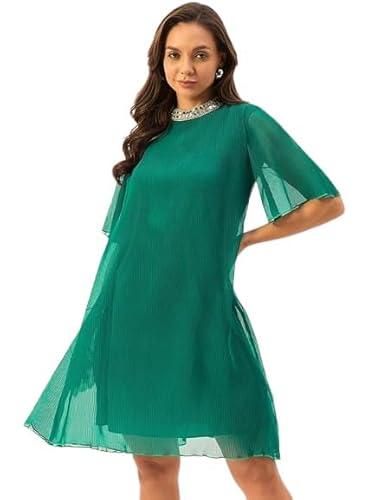 drape and dazzle a-line short western green dress with embellished neckline mini dress for women & girls