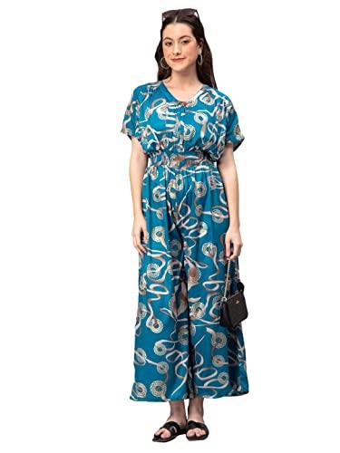 drape and dazzle blue printed maxi jumpsuit for women with elastic waistband