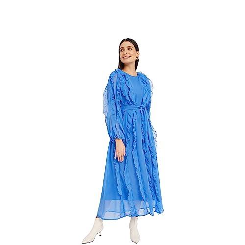 drape and dazzle blue stylish ggt long dress with ruffle | designer dress for women