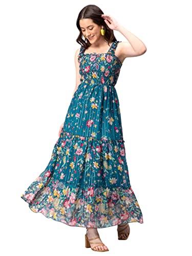 drape and dazzle floral printed smocked tiered dress | maxi dress with square neck for women (xx-large, teal)