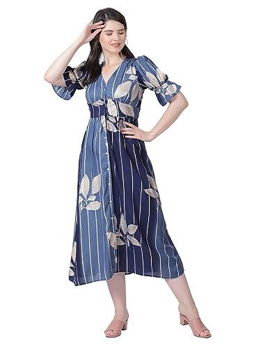 drape and dazzle floral smocked puff dress v-neck fabric type rayon midi lenght casual wear dress for women's & girls_(dd-053-navy-xl)