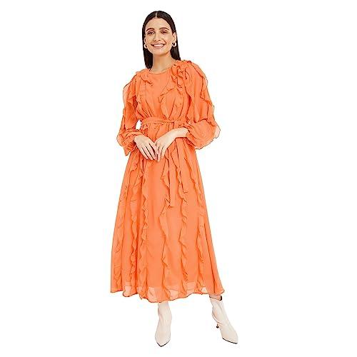 drape and dazzle orange stylish ggt long dress with ruffle | designer dress for women