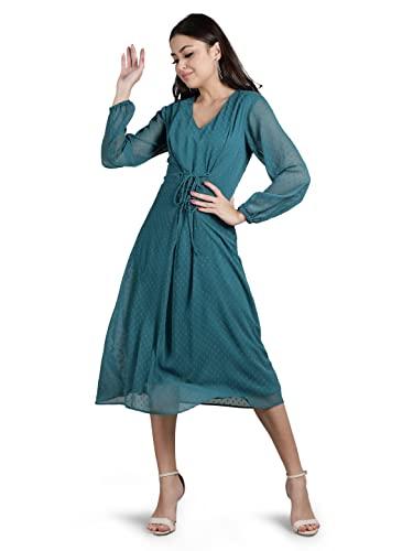 drape and dazzle polka printed a-line dress | full sleeve bottle gren dress for women with drawstring on waist