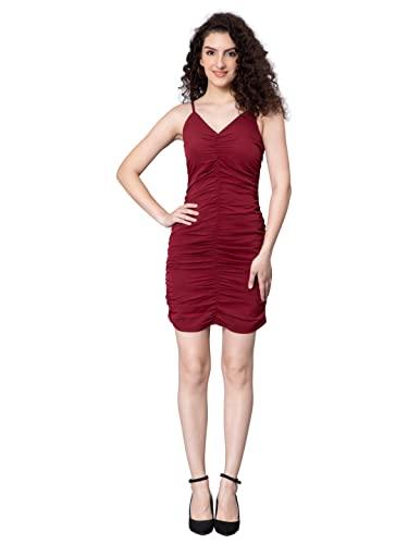 drape and dazzle solid gathered mini dress dress | sleeveless dress for women maroon