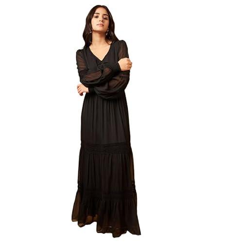 drape and dazzle women black solid floral chiffon maxi dress with lace work long dress | western dress for women |dd-109-black-m