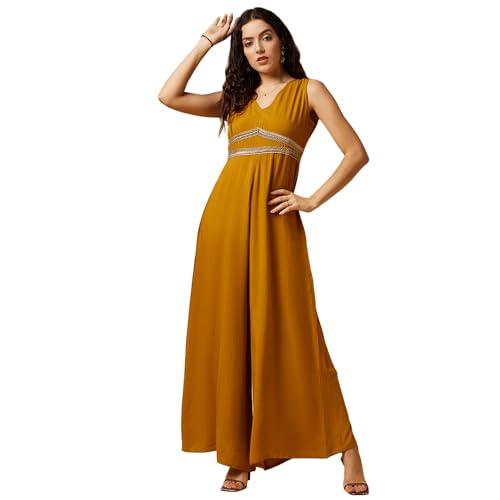 drape and dazzle women mustard v' neck solid flare jumpsuit with embellishment jumpsuit for women | dd-100-mustard- xl