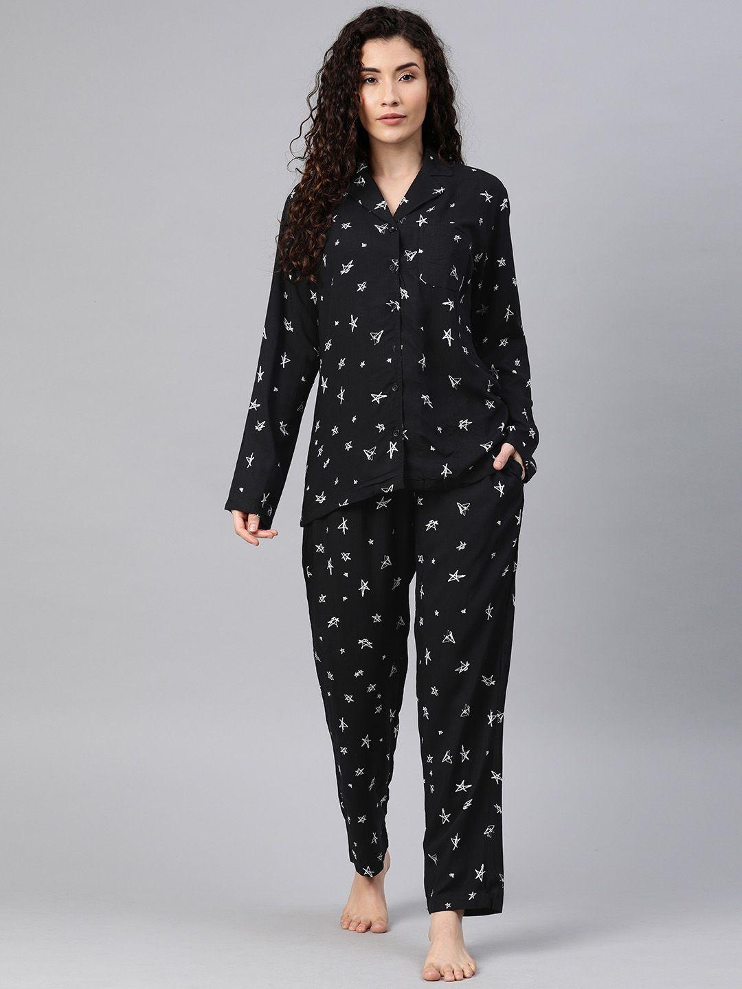 drape in vogue women black & white conversational printed night suit