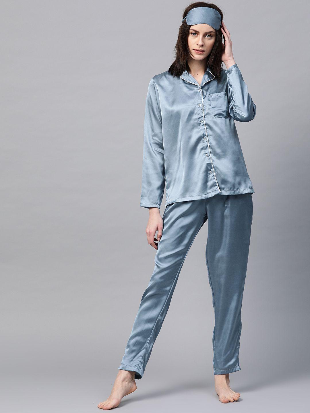 drape in vogue women blue solid night suit with eye mask