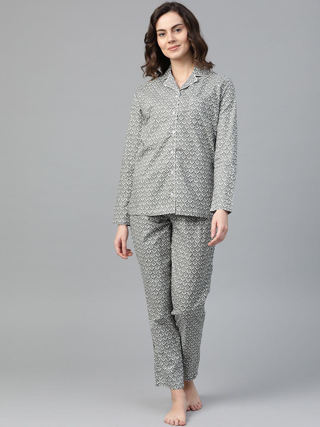 drape in vogue women grey & white printed night suit