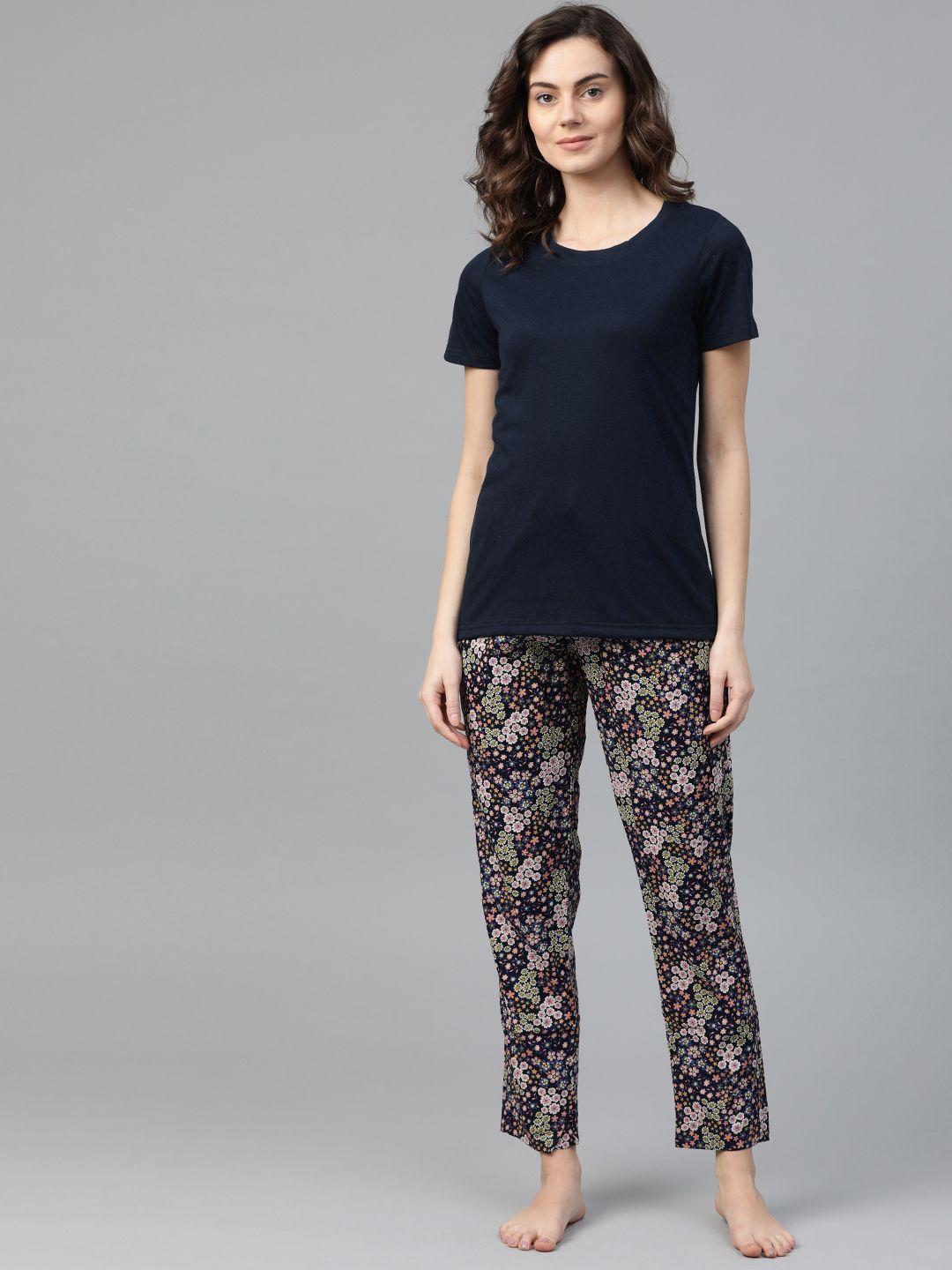 drape in vogue women navy blue & pink floral print pyjamas set