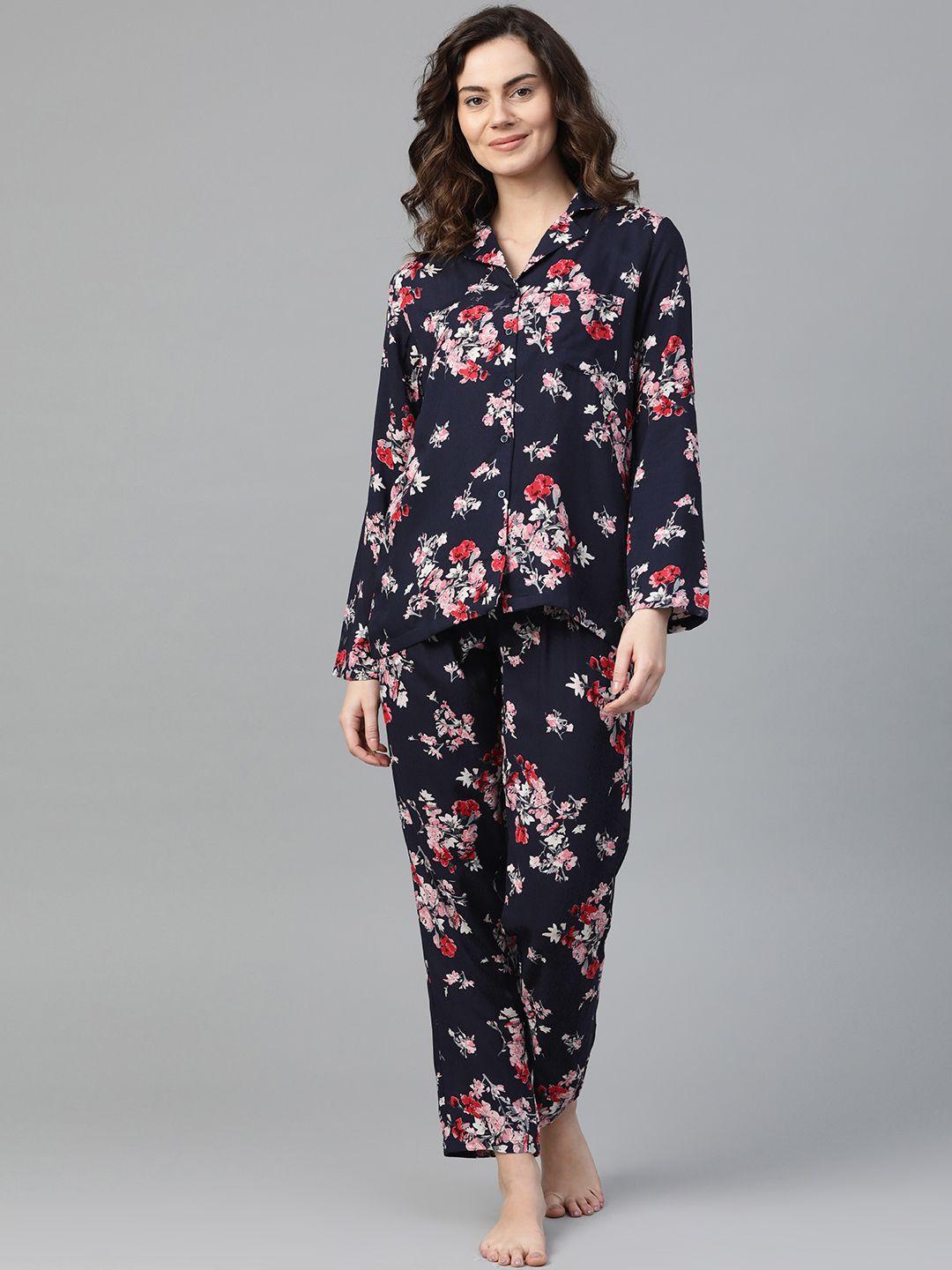 drape in vogue women navy blue & pink floral print pyjamas set