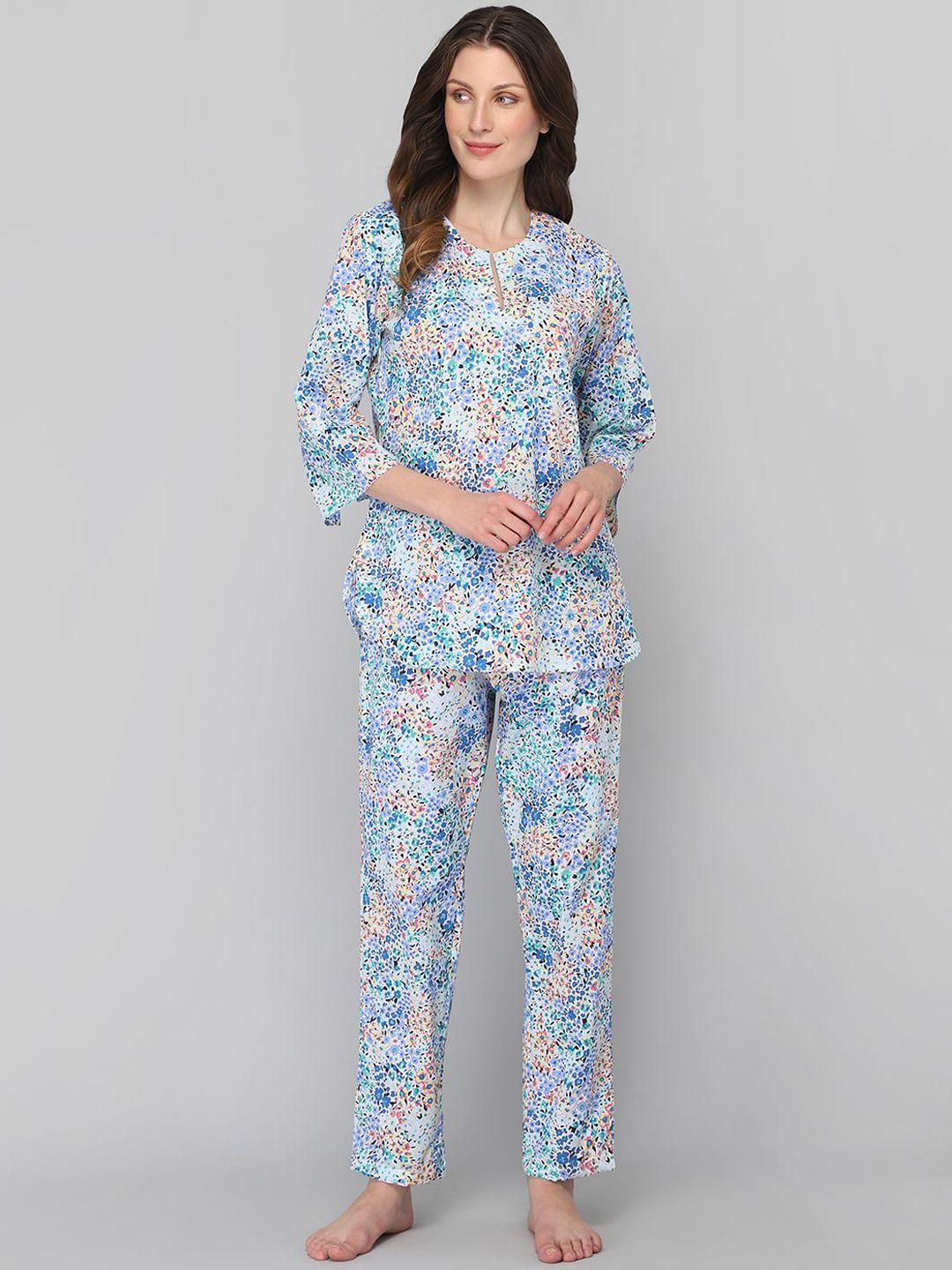 drape in vogue women off white & blue printed night suit