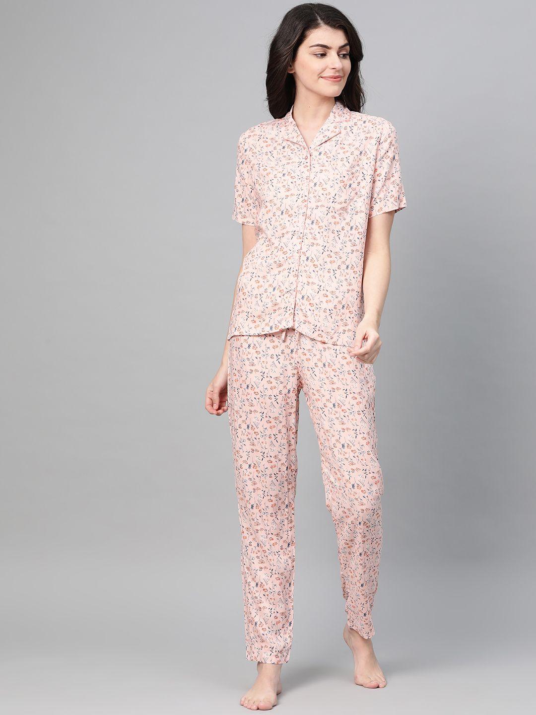 drape in vogue women peach-coloured & off-white printed nightsuit