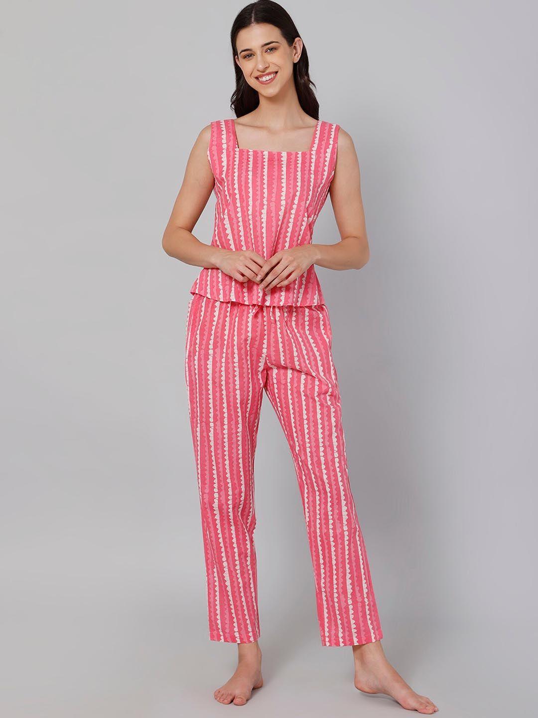 drape in vogue women pink & off white pure cotton printed night suit