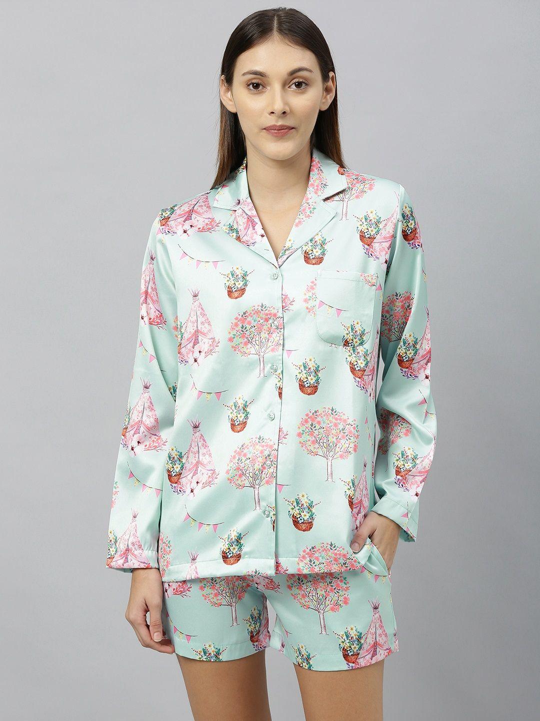 drape in vogue women sea green & pink tree print night suit set