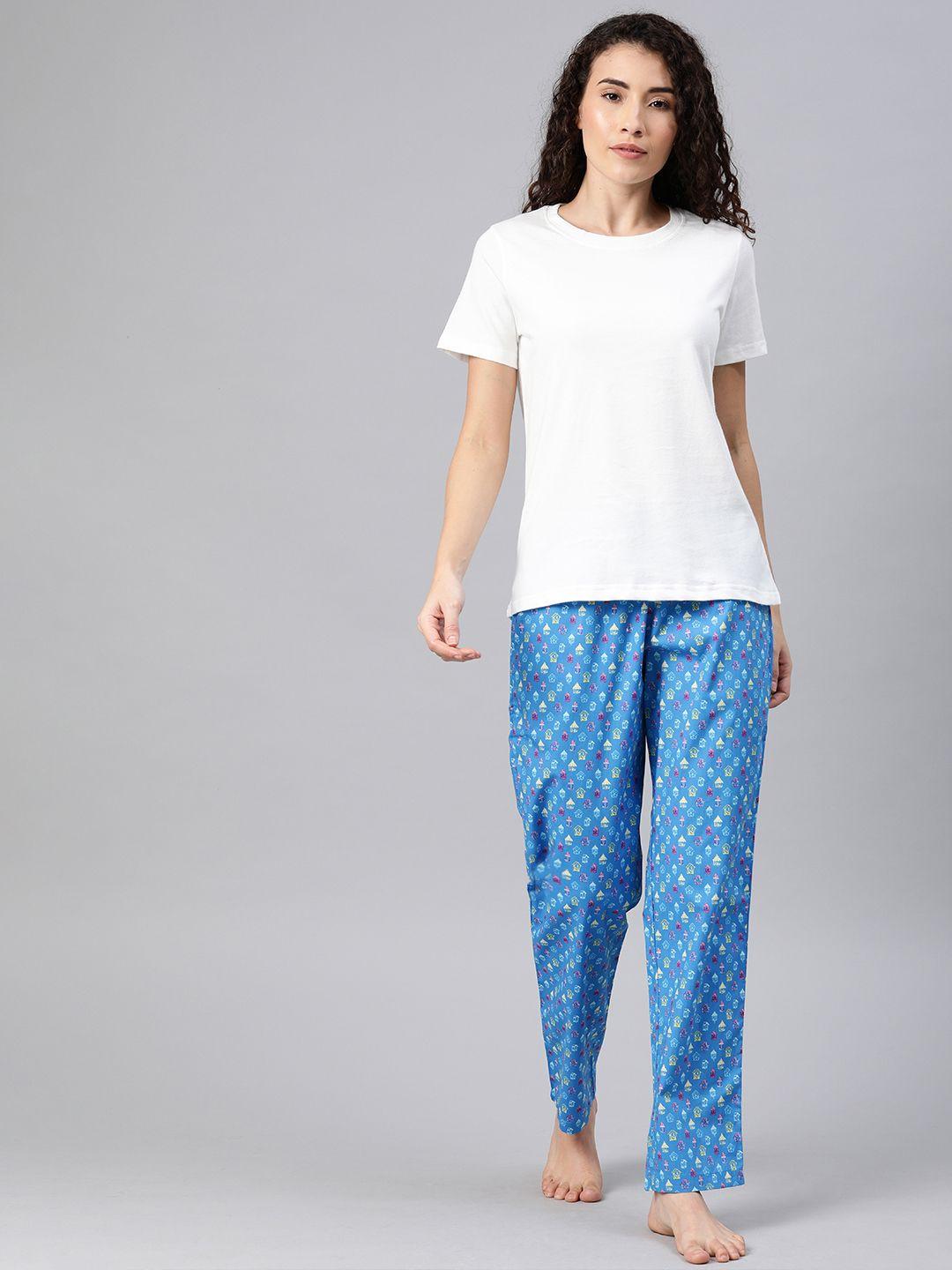 drape in vogue women white & blue solid night suit with conversational printed bottomwear