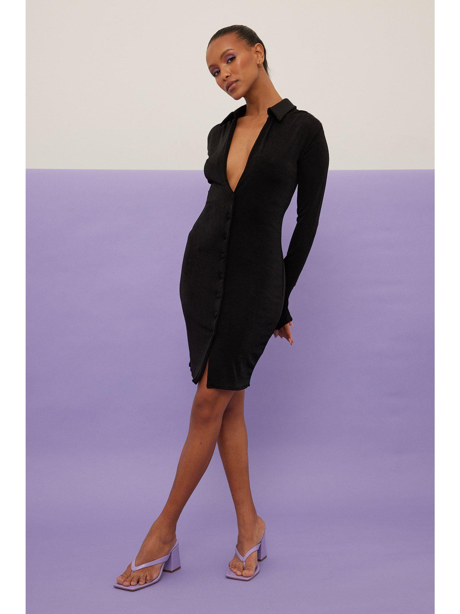 draped front fitted dress-black