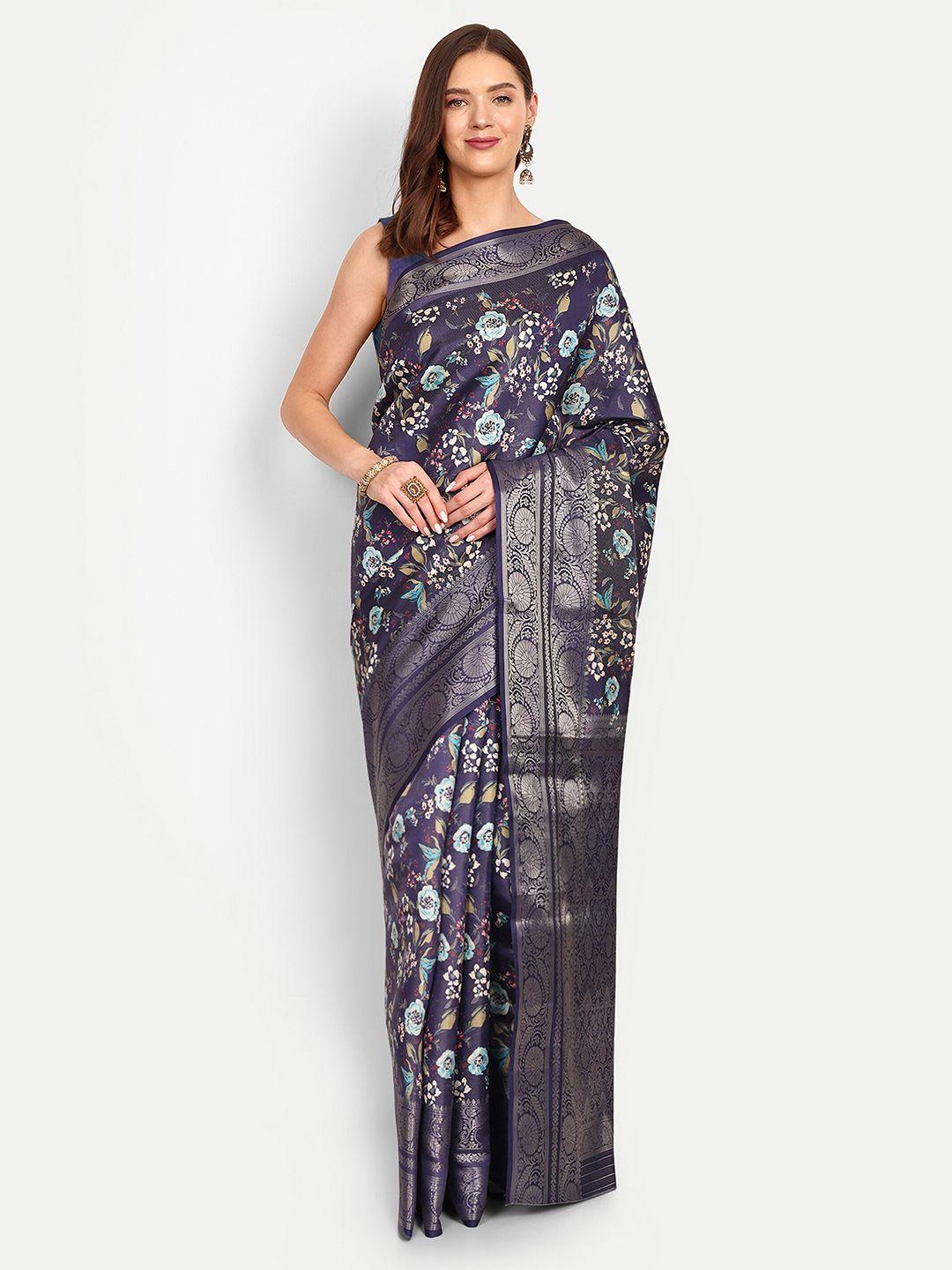 drapemall navy blue floral zari art silk saree