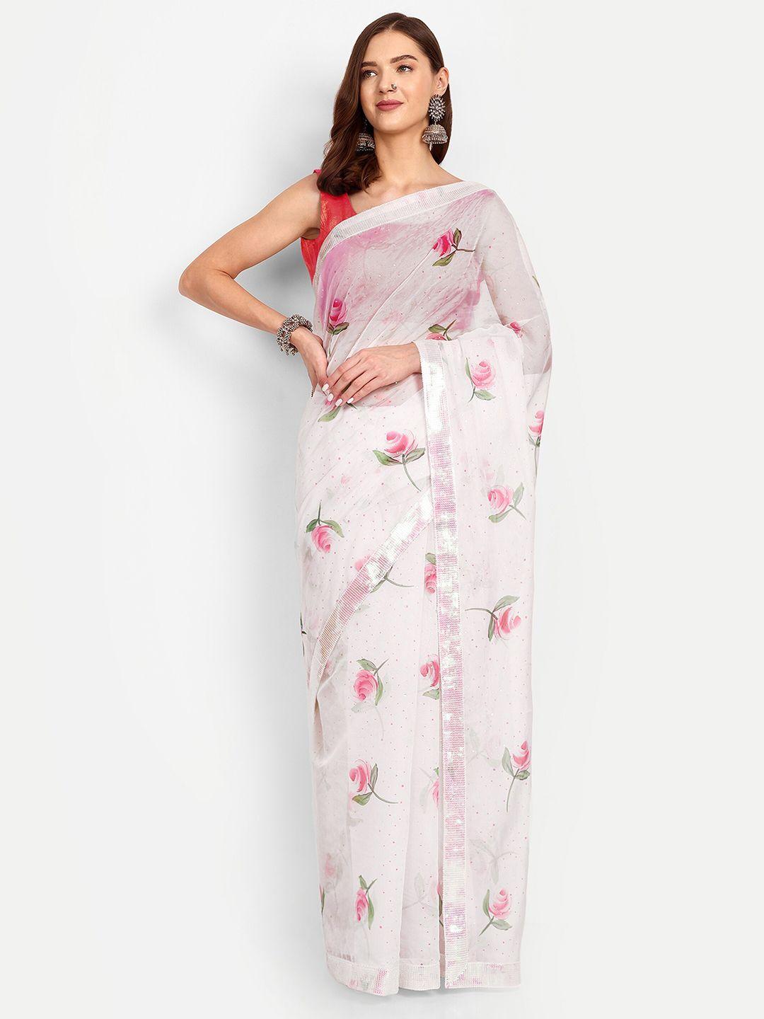 drapemall white floral sequinned organza saree