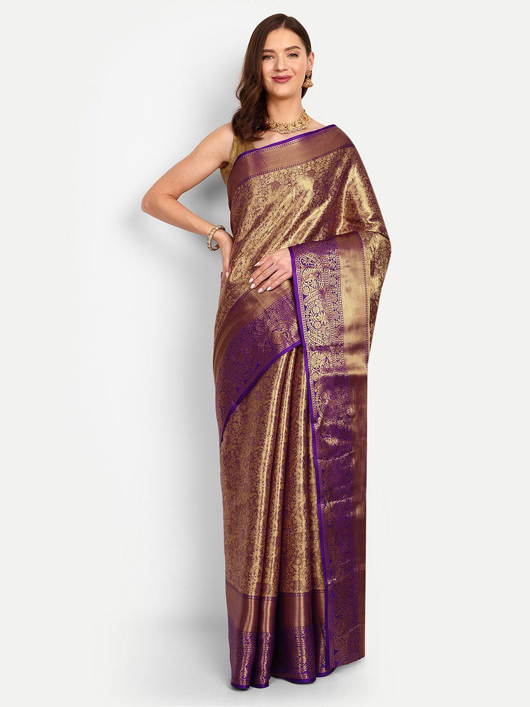 drapemall gold-toned & purple ethnic motif woven design zari kanjeevaram saree