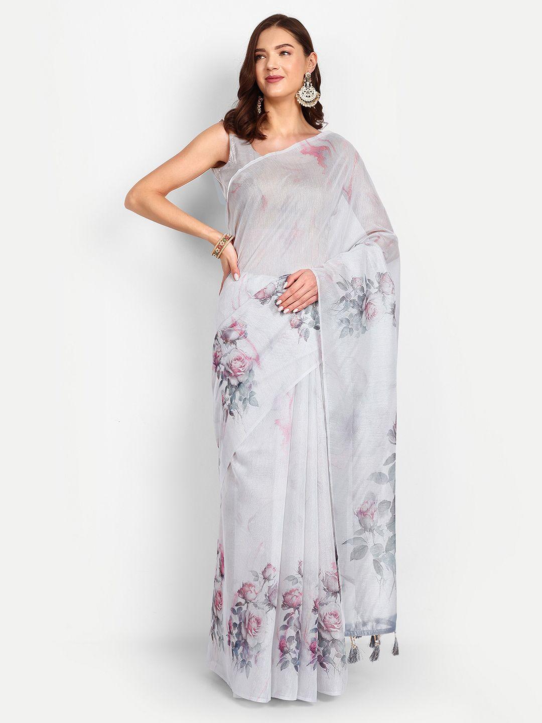 drapemall silver-toned floral zari art silk saree