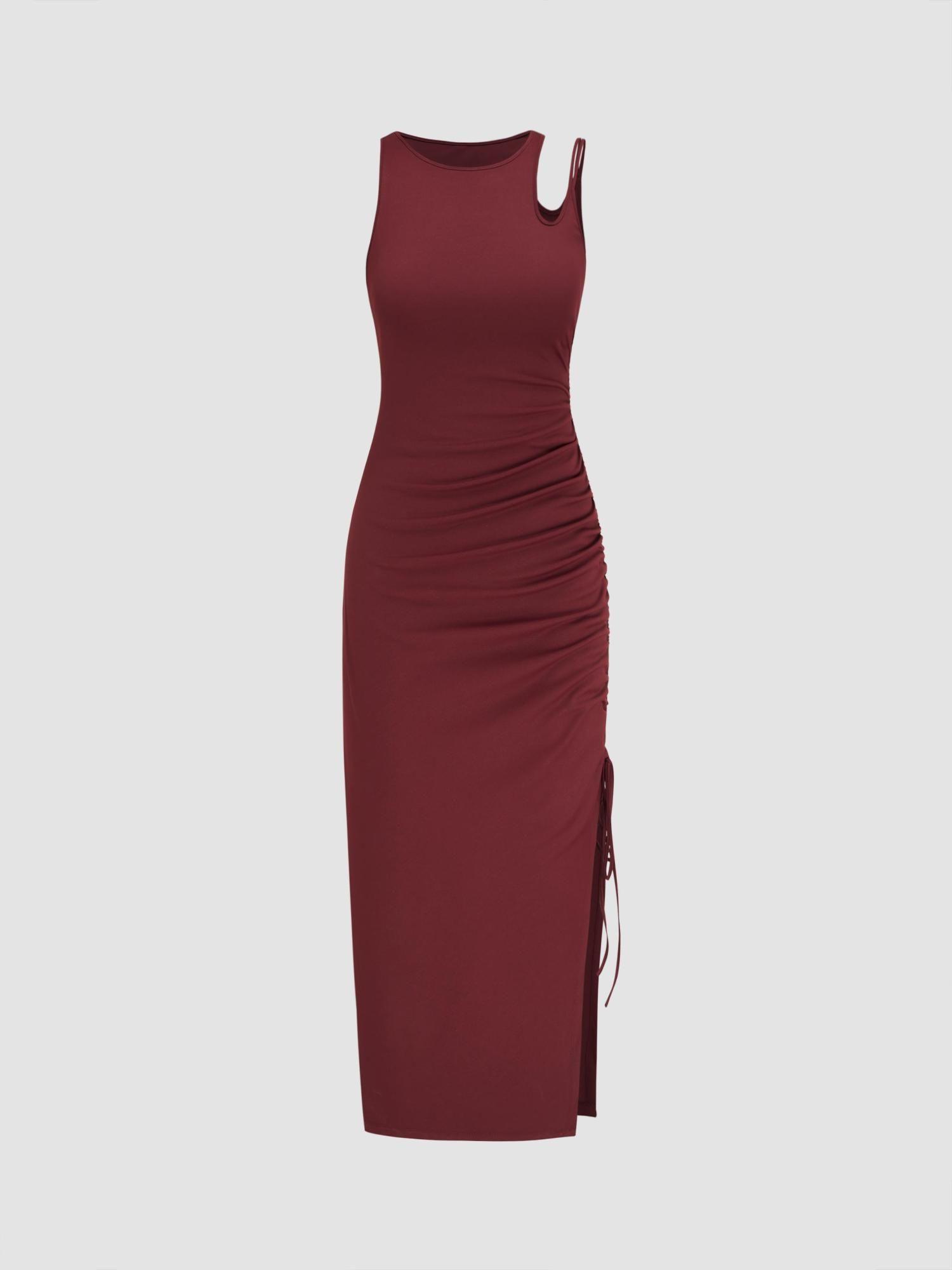 drawstring cut out split midi dress