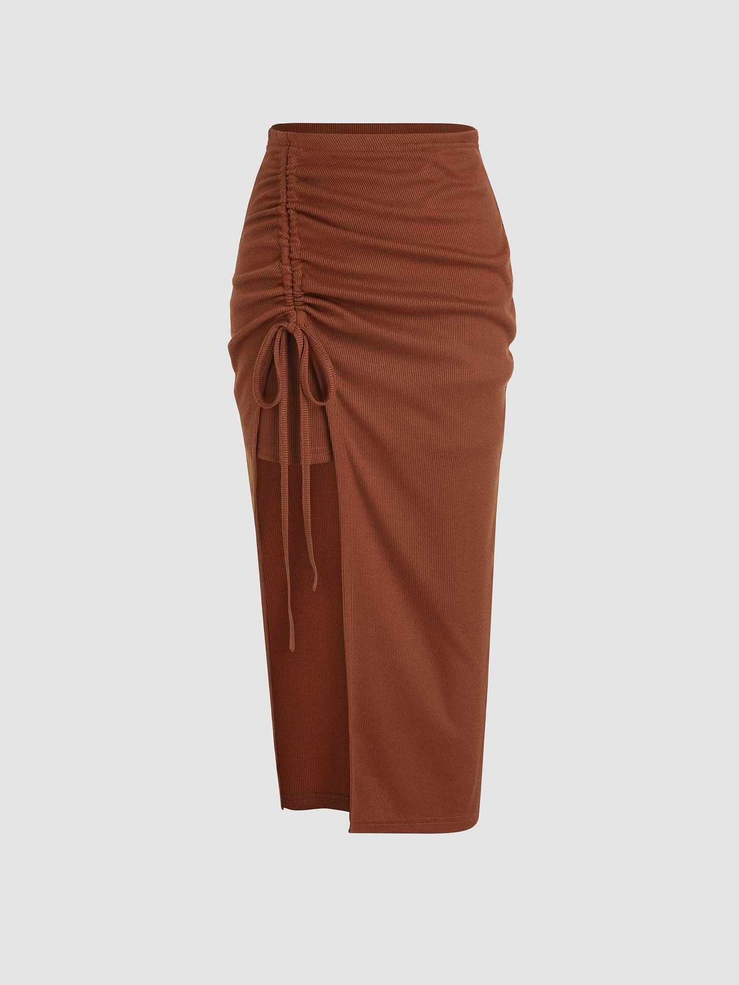 drawstring solid knit midi skirt