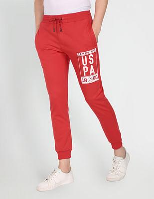 drawstring waist brand print joggers