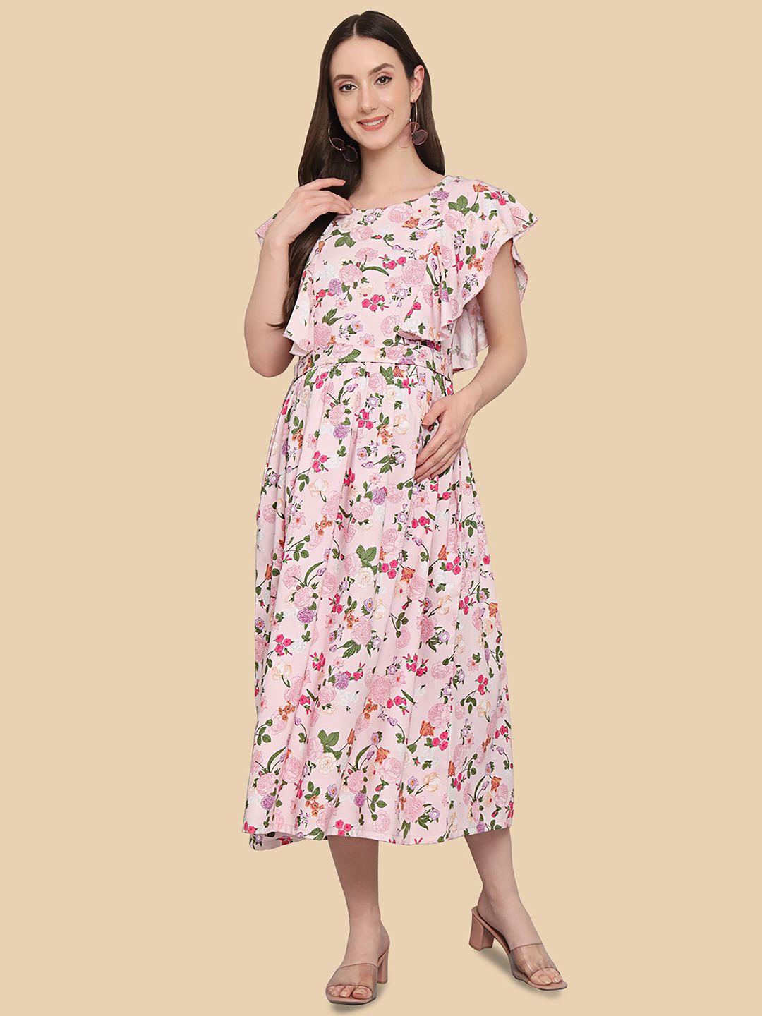 dream beauty fashion floral printed flutter sleeve maternity & feeding midi dress