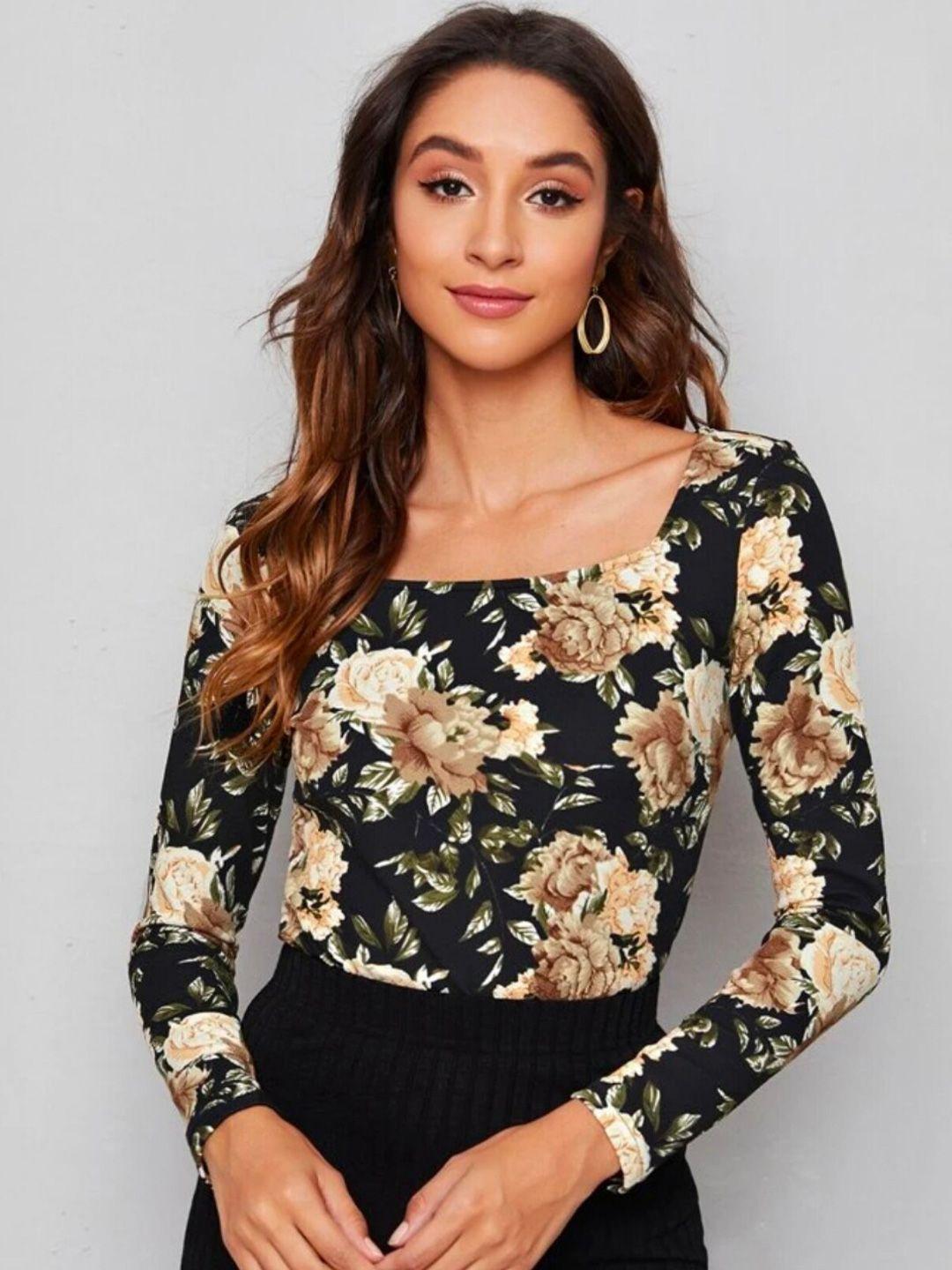 dream beauty fashion sania women black & beige floral printed top