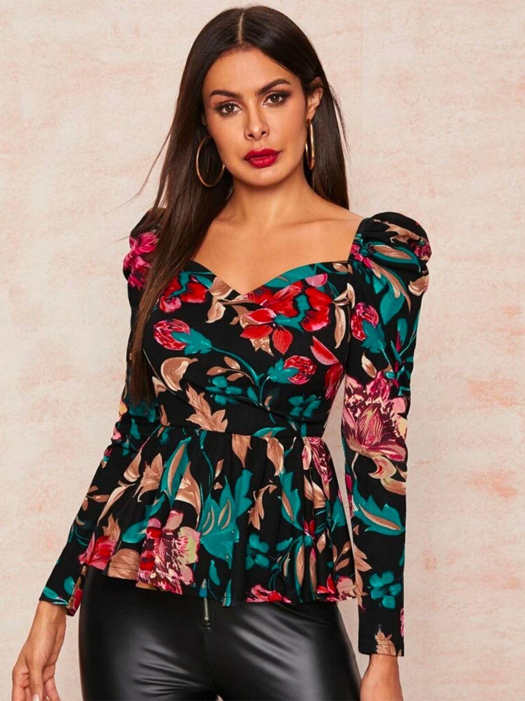 dream beauty fashion sara women fashion black & red floral print sweetheart neck wrap top