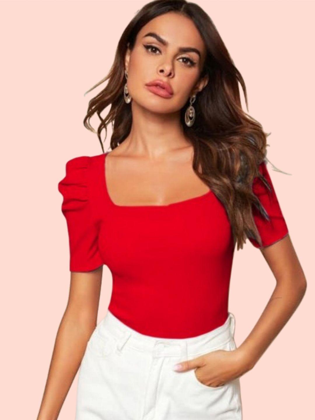 dream beauty fashion woman red puff sleeves fitted top