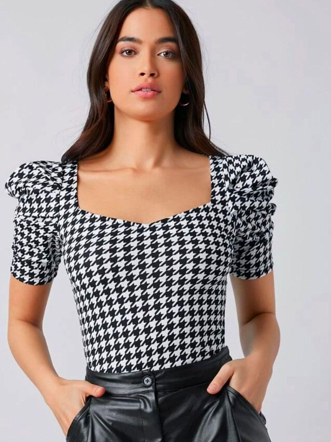 dream beauty fashion women black geometric print puff sleeves top