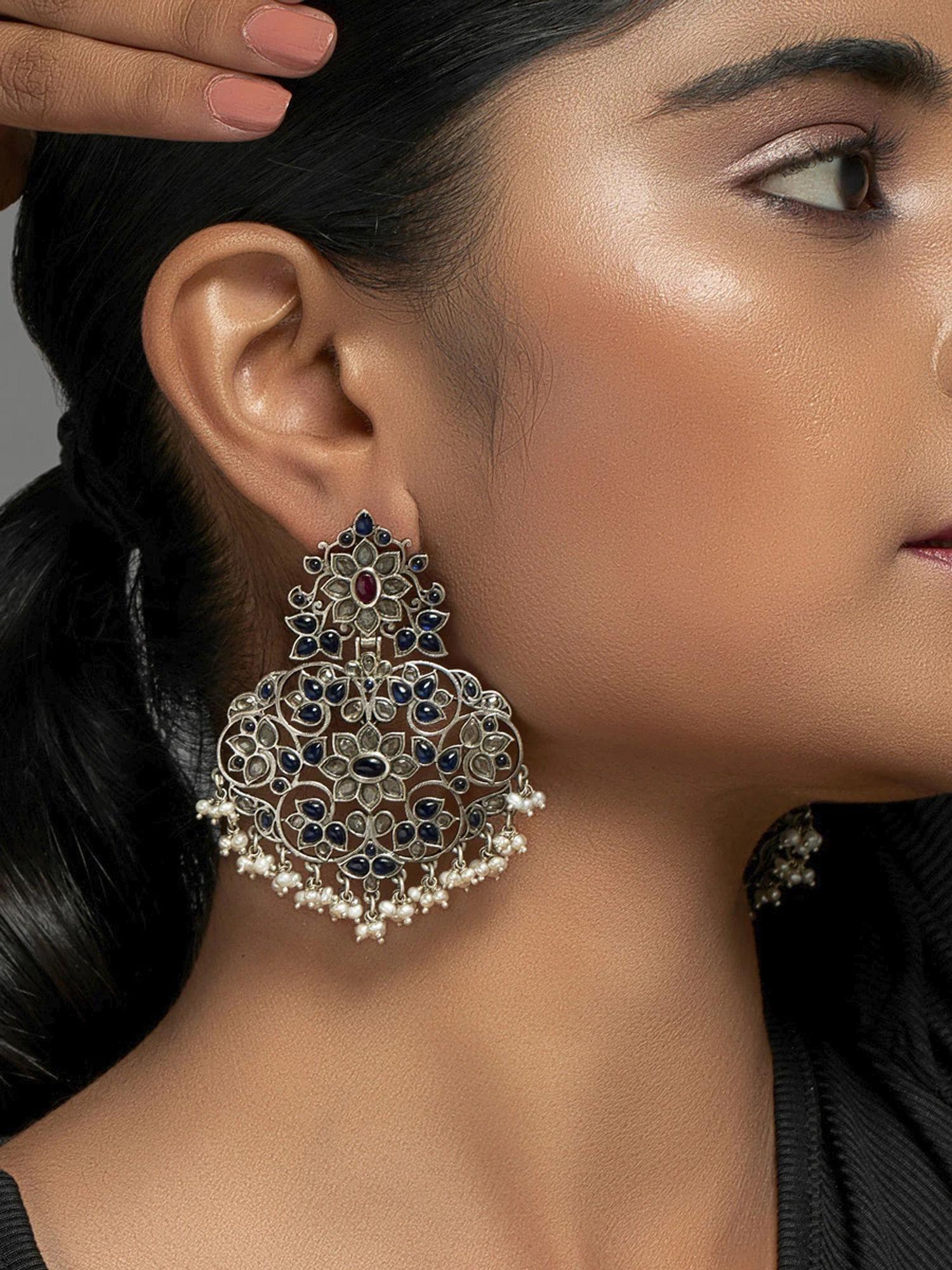 dream grail statement earrings with red & blue spinel stone, cz stone and pearls